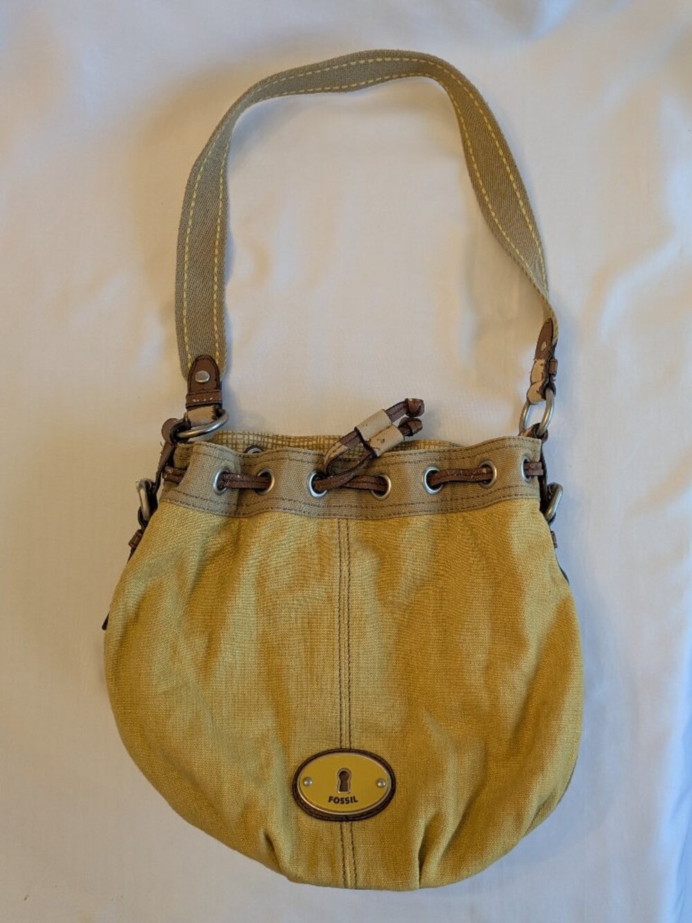 Vintage Fossil Gold Canvas Hobo Bucket Bag